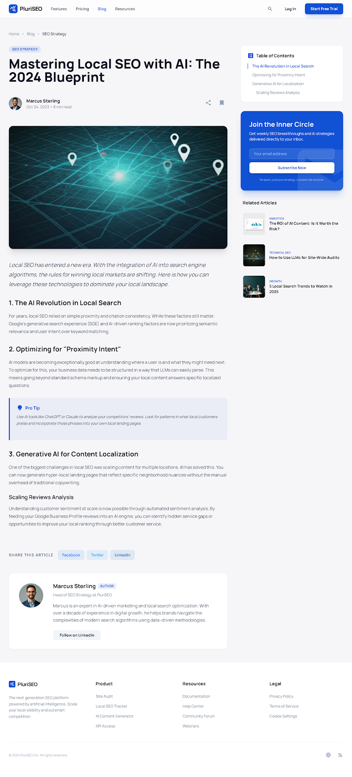 PluriSEO dashboard showing SEO rankings and AI blog generation